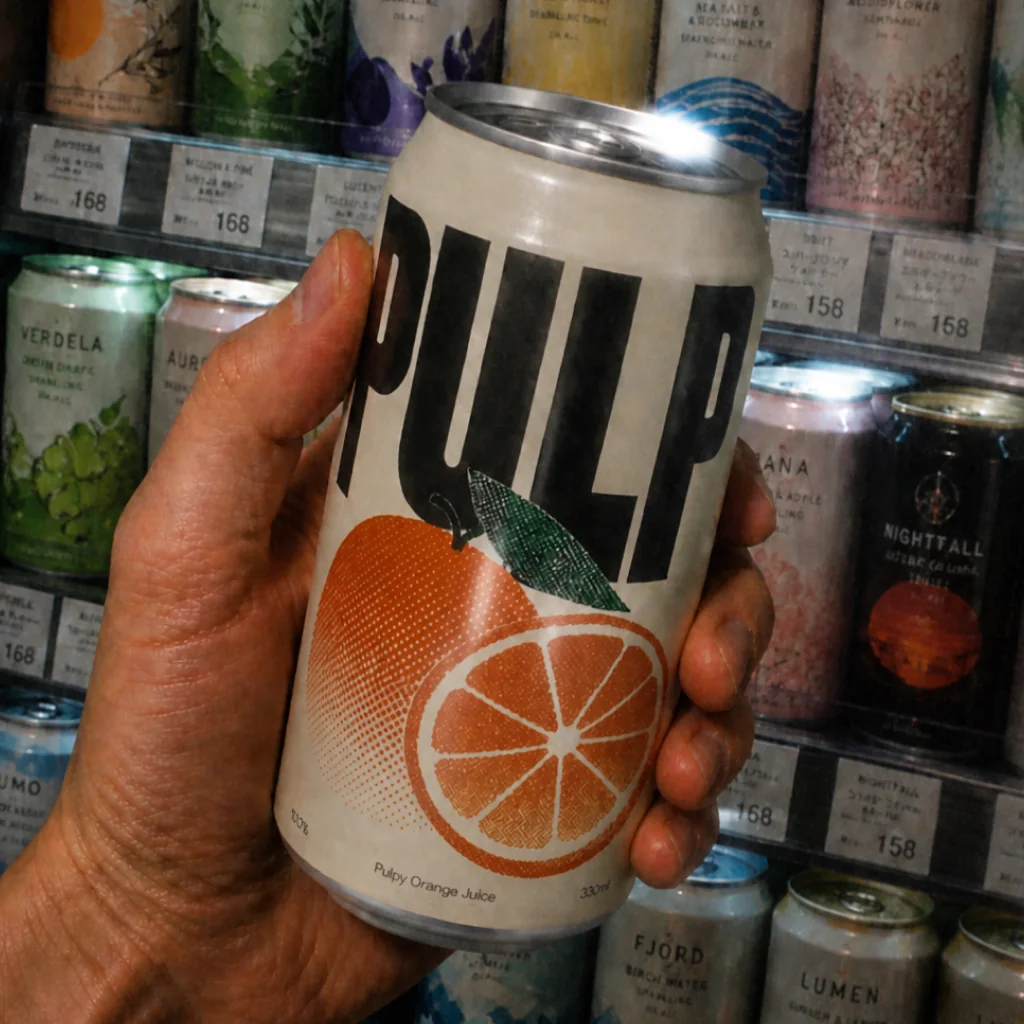 A hand holding a can of PULP orange juice in front of a convenience-store fridge