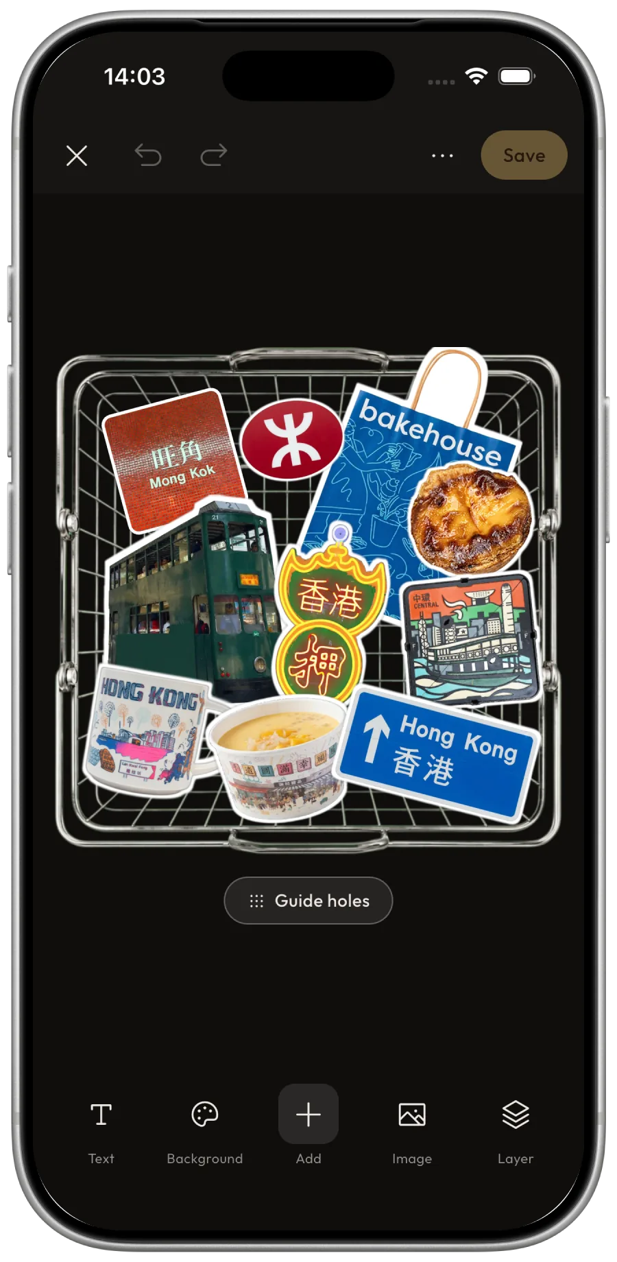 Cutrove collage editor with stickers arranged inside a wire basket