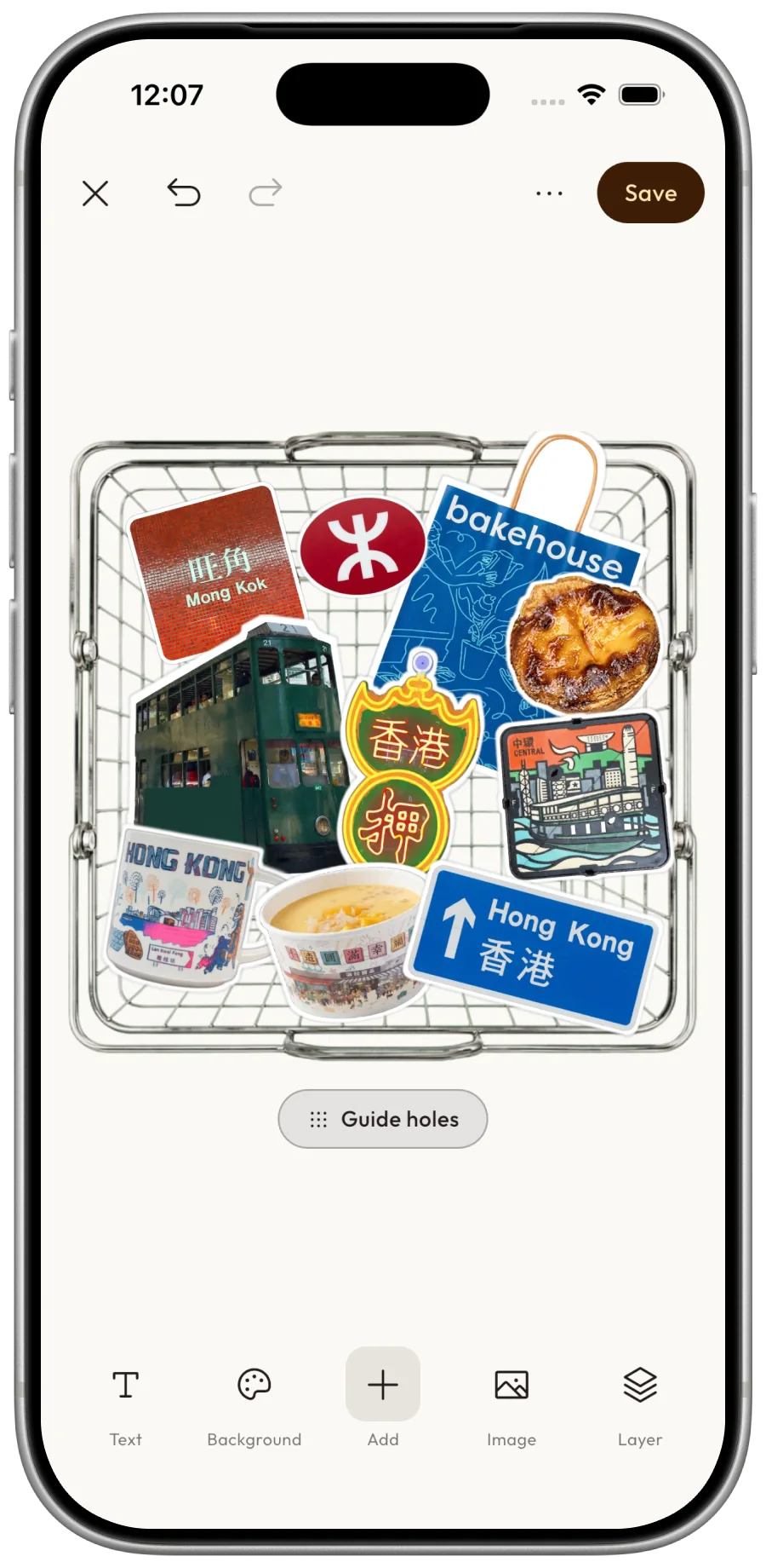 Cutrove collage editor with stickers arranged inside a wire basket