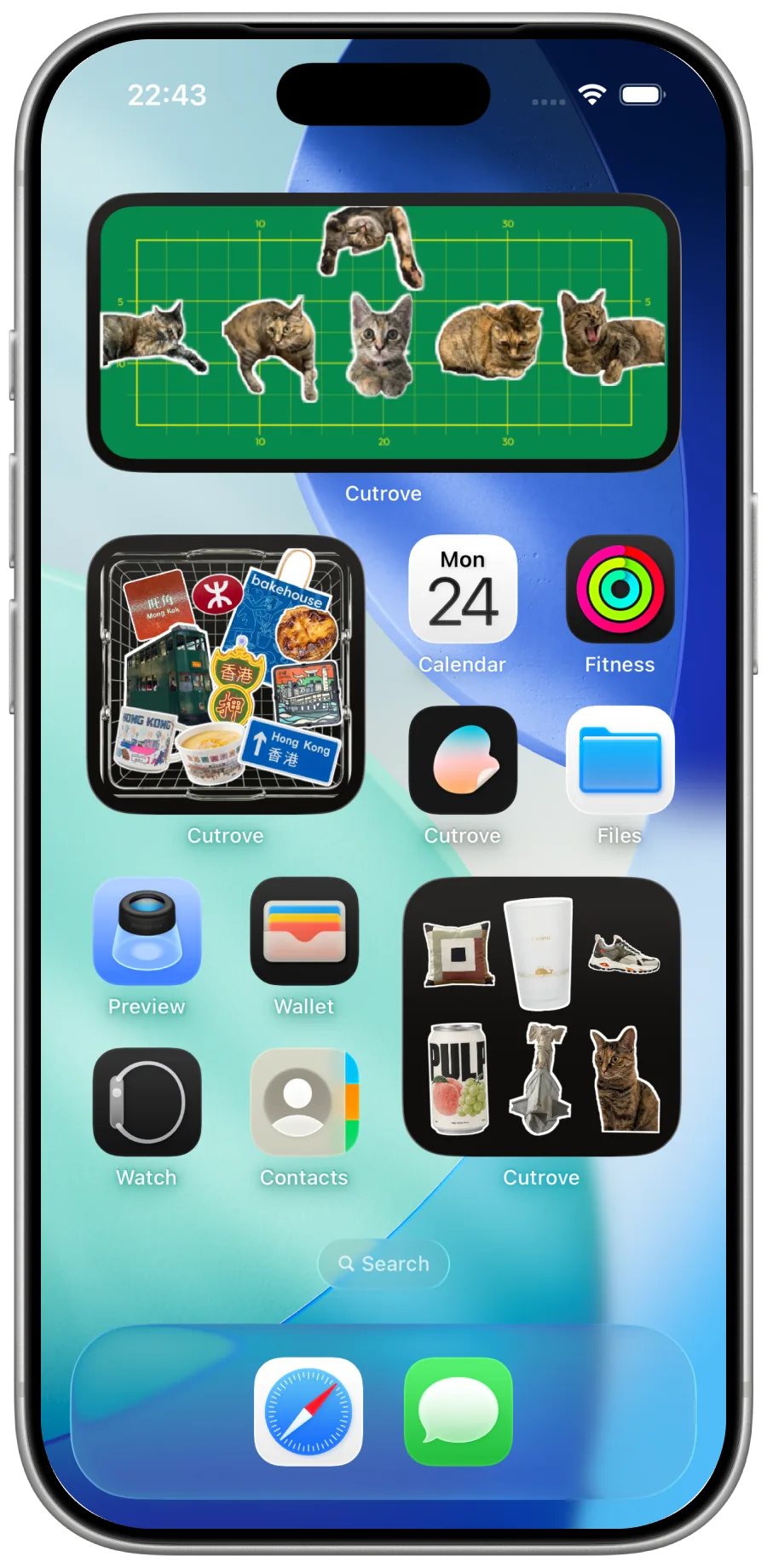 iPhone Home Screen showing Cutrove widgets filled with cutouts